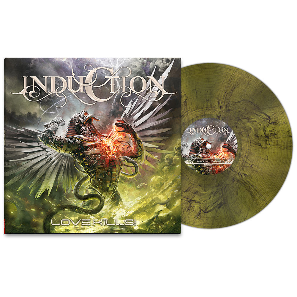 Vinyl record with cover featuring artistic design and text on a white background