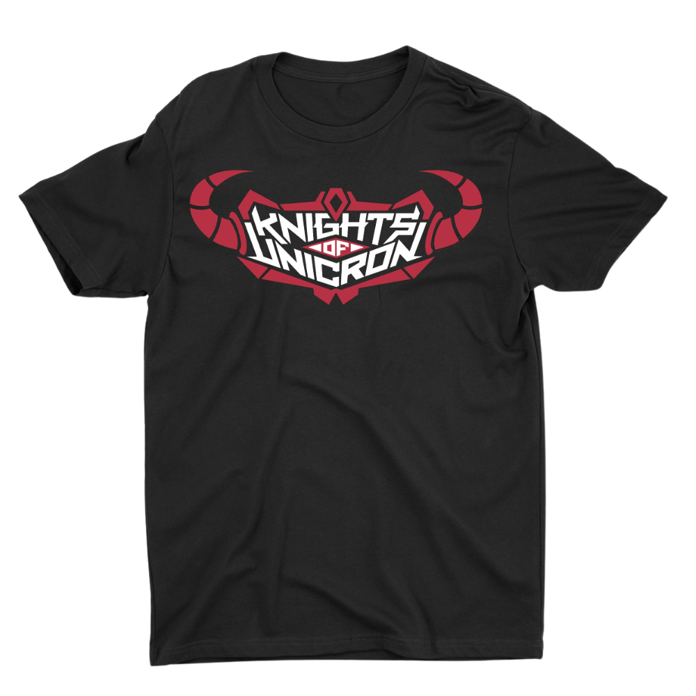 A black short-sleeve crewneck t-shirt featuring a stylized red and white graphic on the chest that reads 'Knights of Unicron' in a bold sci-fi font, set against a plain white background.