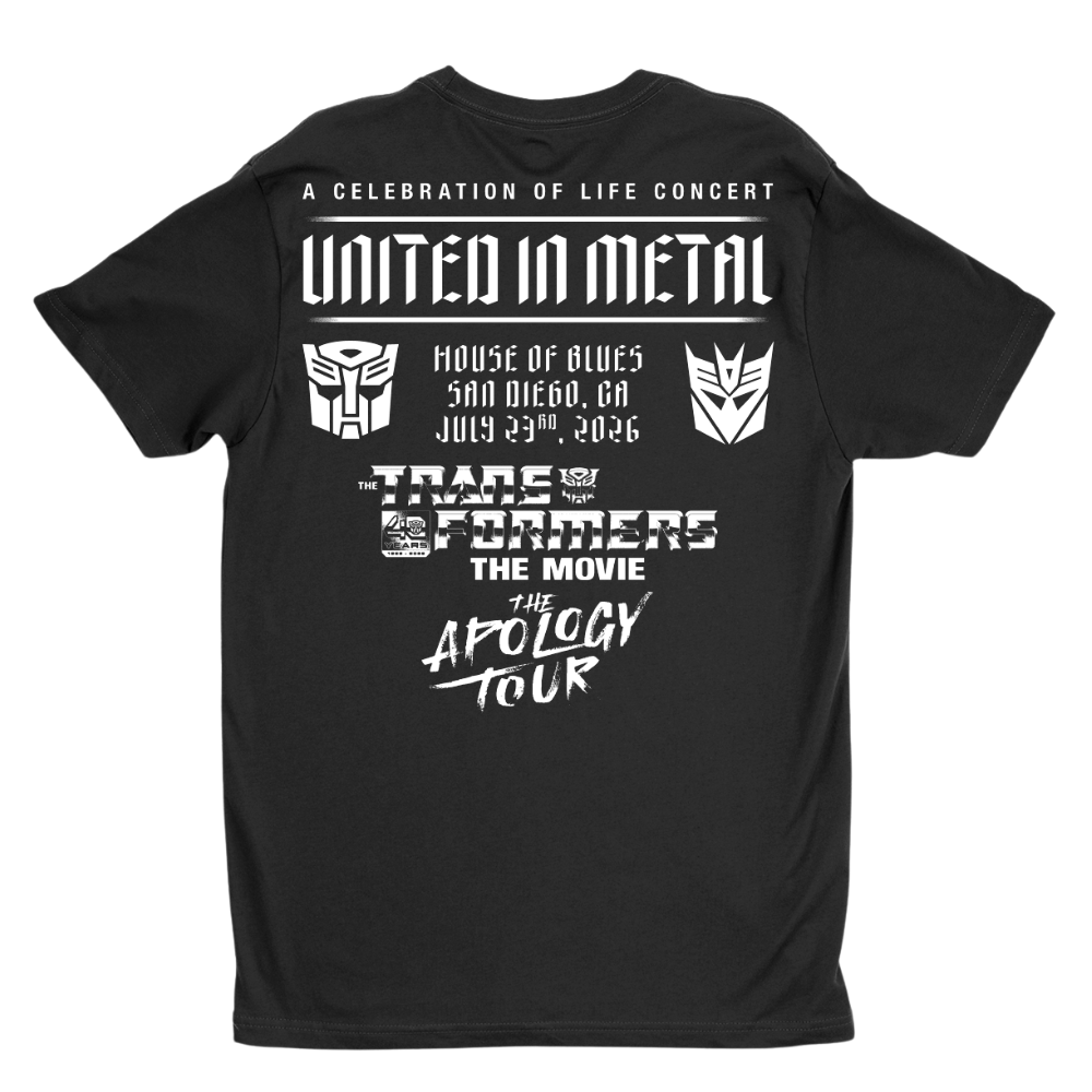 A black short-sleeve t-shirt with a large white graphic print on the back, featuring text for 'United in Metal' and 'The Apology Tour' along with Transformers logos, shown on a plain white background.