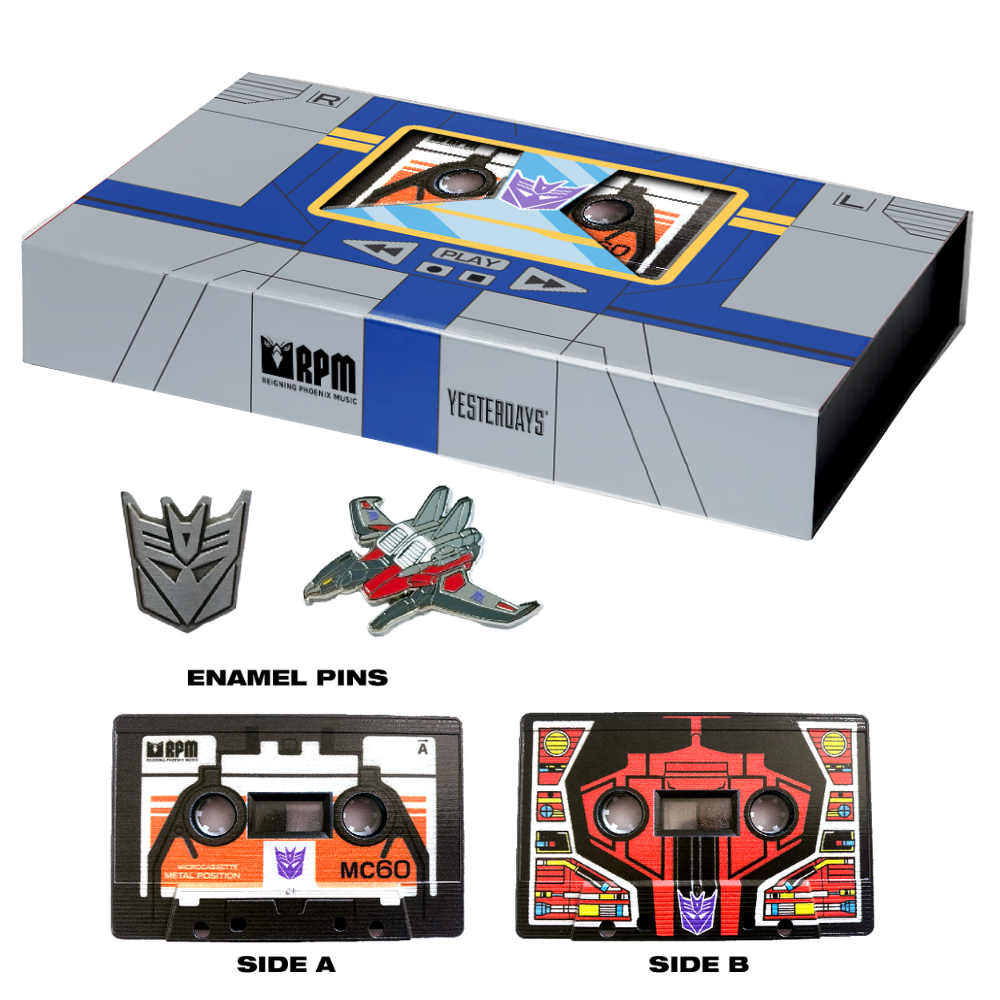 Transformers 'Yesterdays' cassette box set shown with two enamel pins and two cassette-style metal pin designs labeled Side A and Side B on a white background.