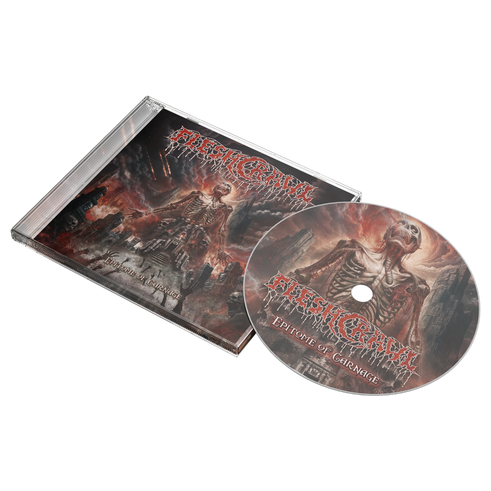 FLESHCRAWL 'Epitome of Carnage' album cover with CD on a white background
