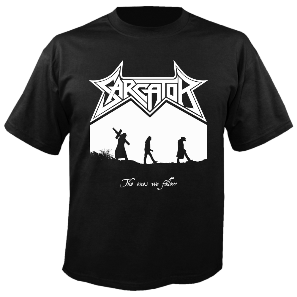 Sarcator The Ones We Follow t-shirt mock up with men walking in silhouette on a black t-shirt