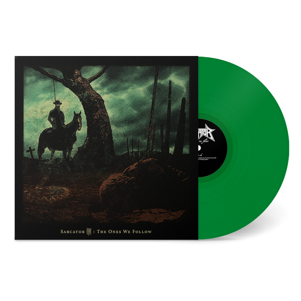 Sarcator album mockup with a horseman in the forest at night in the drawing