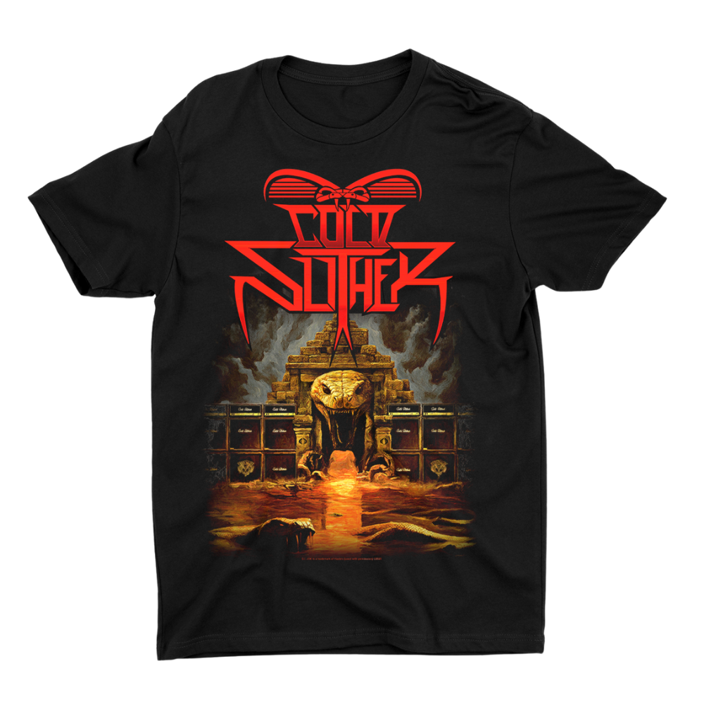 Black t-shirt with a graphic design featuring a pyramid and text on a white background