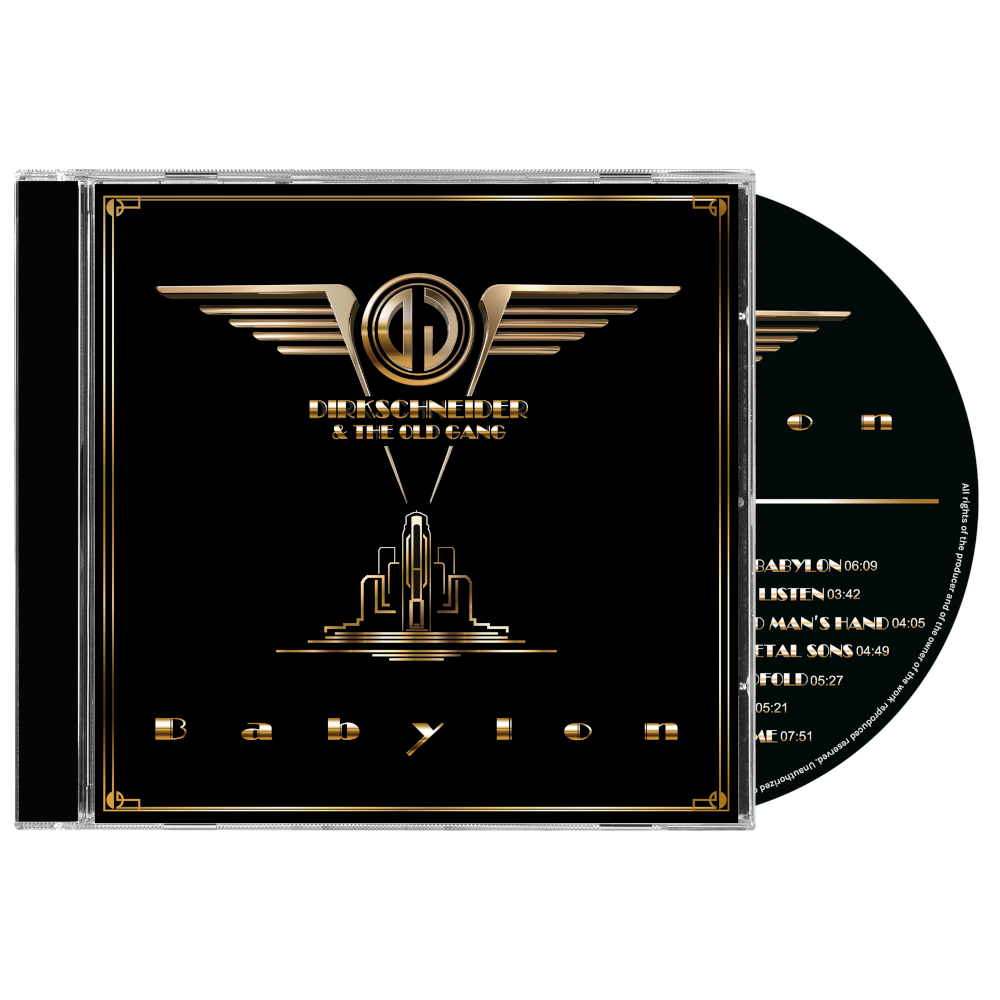 CD with black and gold design featuring a logo and text on a white background