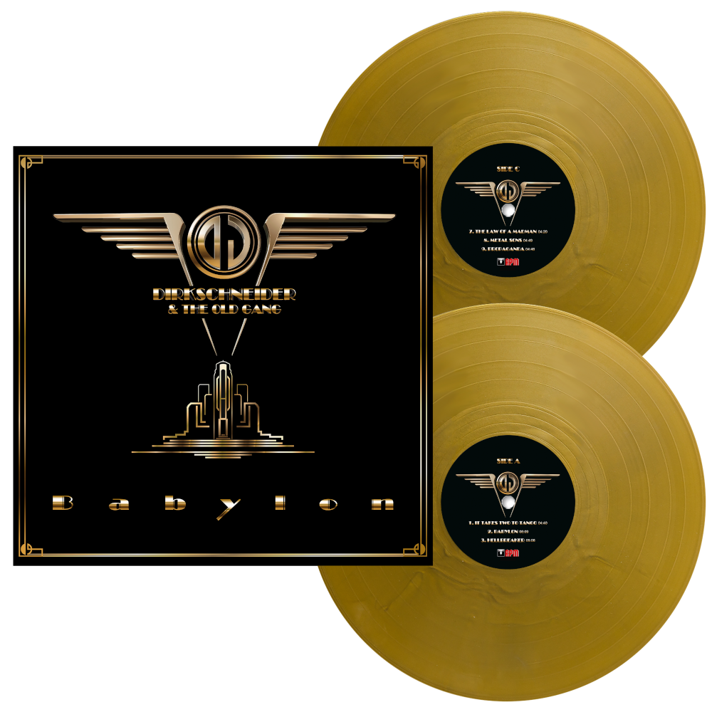 Gold vinyl records with a black cover featuring a logo on a white background