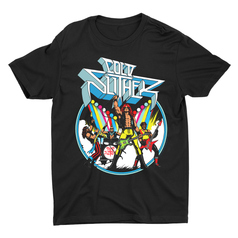 A black short-sleeve crewneck t-shirt featuring a colorful graphic print of the band Cold Slither on a plain white background.