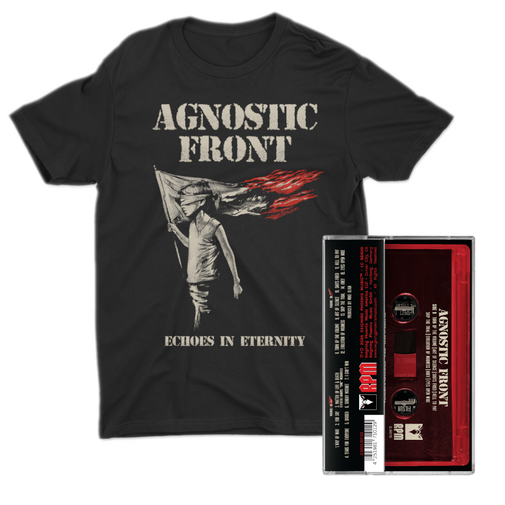 Black t-shirt with 'Agnostic Front' graphic and a cassette tape on a white background