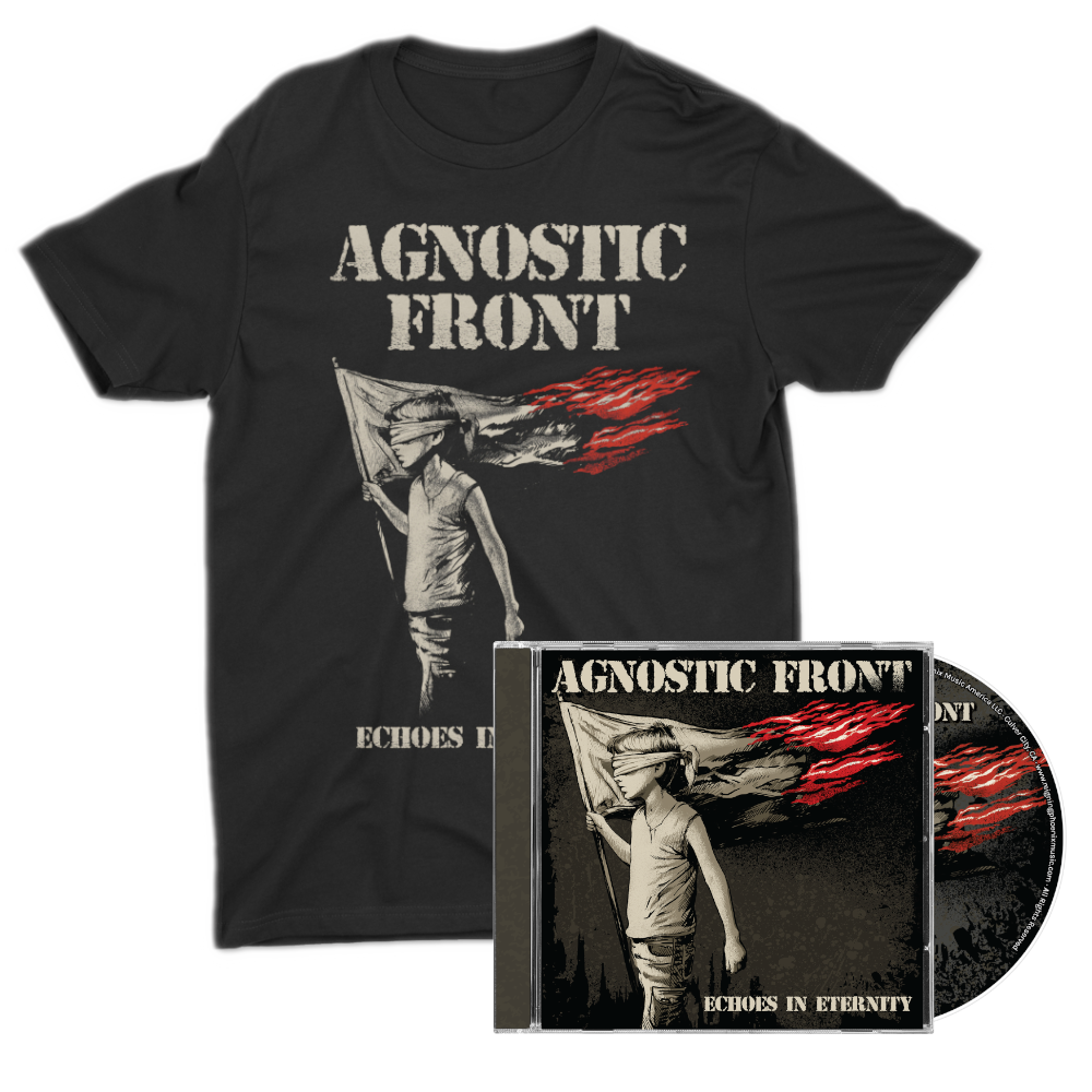 Black t-shirt with 'Agnostic Front' graphic and matching CD cover on a white background