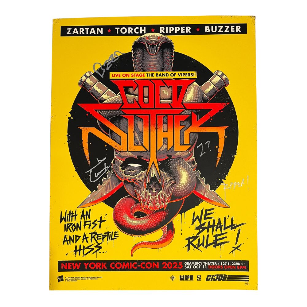 Promotional poster for G.I. Joe with snake and skull design, featuring text about New York Comic-Con 2023.