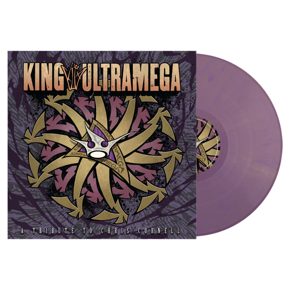 Vinyl record with purple disc and 'King Ultramega' cover design on a white background