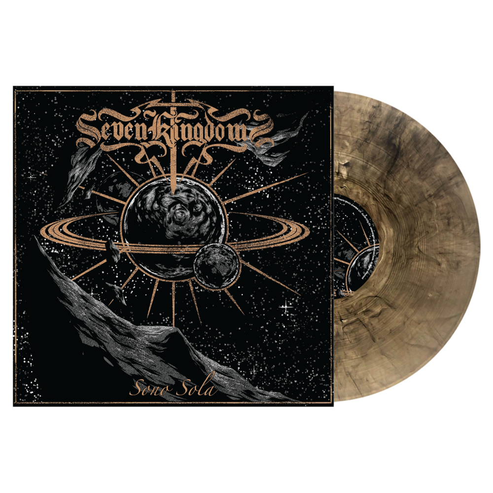 Seven Kingdoms - Some Soli vinyl record album, featuring a black square cover with gold and white cosmic artwork and a translucent marbled gold vinyl record partially visible behind it.