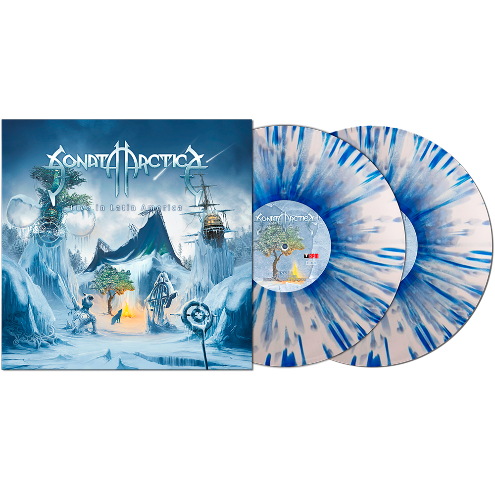 Sonata Arctica 'The Northlands' vinyl record album shown with its illustrated outer sleeve and two blue-and-white marbled records on a plain white background.