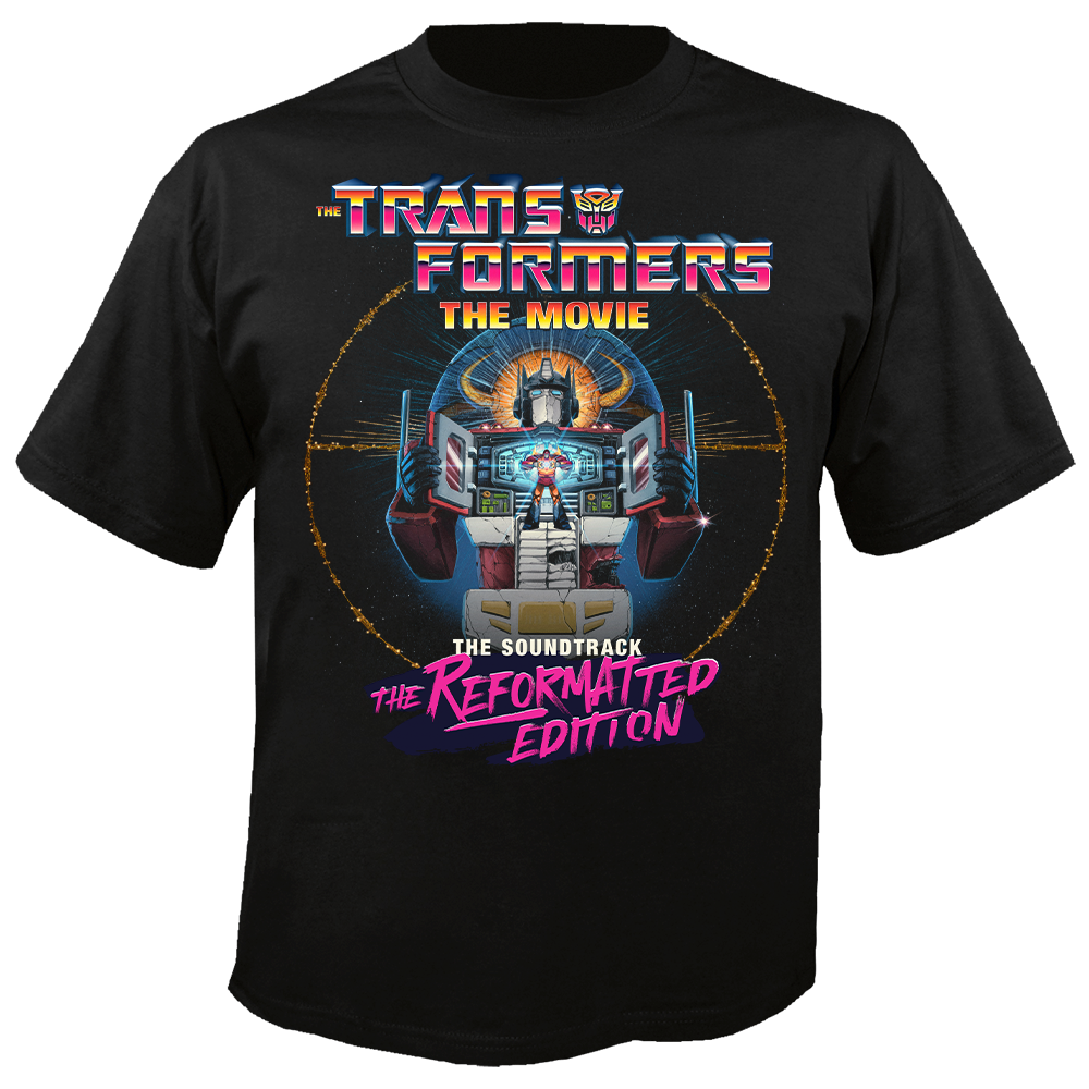 Black t-shirt with 'Transformers: The Movie' graphic design on a white background