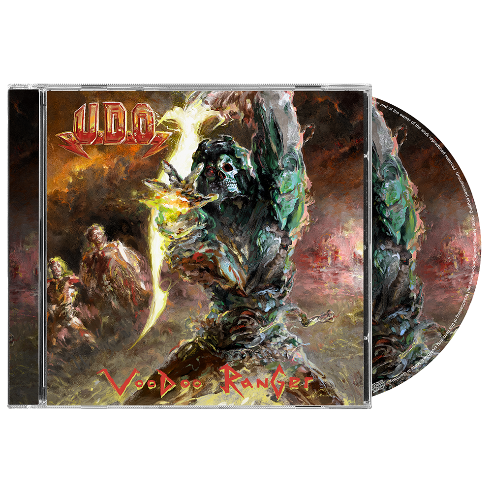 UDO 'Voodoo Ranger' CD album with the jewel case open to show the illustrated cover art, with the CD disc partially visible behind it on a plain white background.