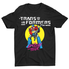 A black short-sleeve crewneck t-shirt featuring a colorful graphic print of Optimus Prime from Transformers The Movie with a yellow circular background and pink text reading 'The Apology Tour'.