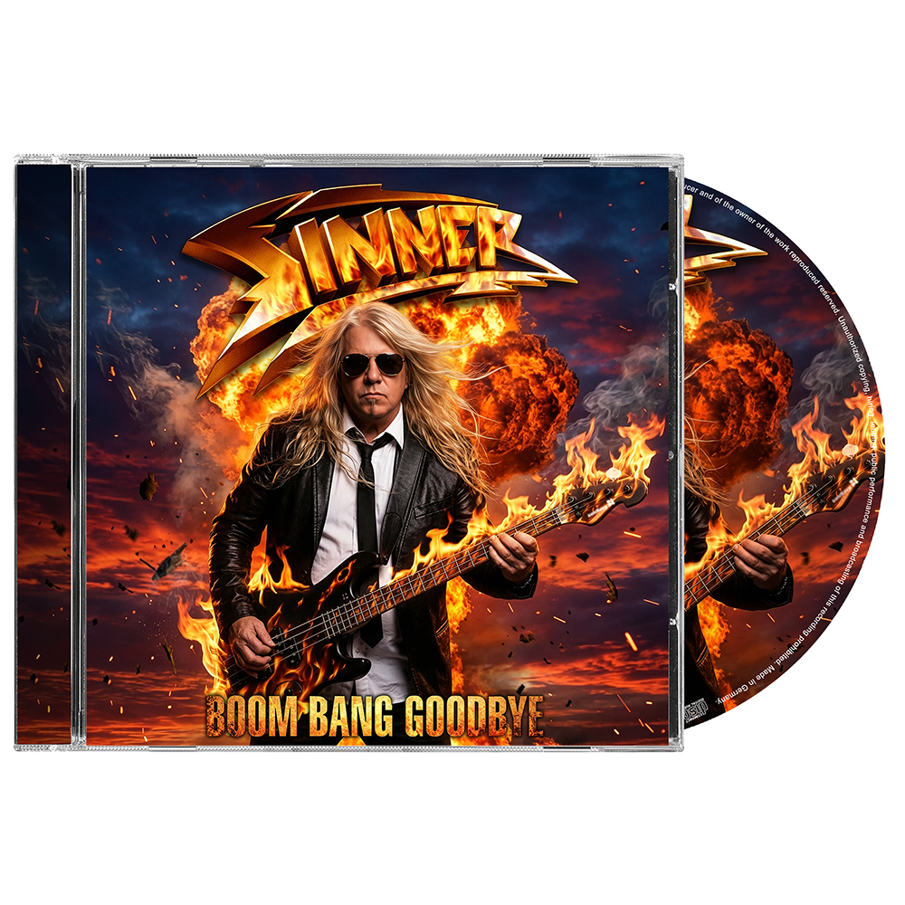 CD cover with a musician playing guitar amidst flames and explosions, featuring the title 'Boom Bang Goodbye' and the word 'Sinner'.