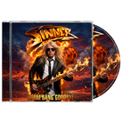 CD cover with a musician playing guitar amidst flames and explosions, featuring the title 'Boom Bang Goodbye' and the word 'Sinner'.
