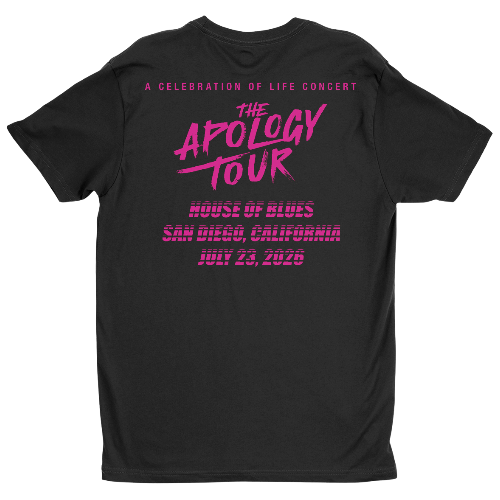 A black short-sleeve t-shirt with a vibrant pink graphic print on the front, featuring text for 'The Apology Tour' and details for 'House of Blues San Diego, California' on a solid white background.