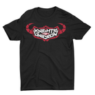 A black short-sleeve crewneck t-shirt featuring a stylized red and white graphic on the chest that reads 'Knights of Unicron' in a bold sci-fi font, set against a plain white background.