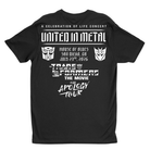 A black short-sleeve t-shirt with a large white graphic print on the back, featuring text for 'United in Metal' and 'The Apology Tour' along with Transformers logos, shown on a plain white background.