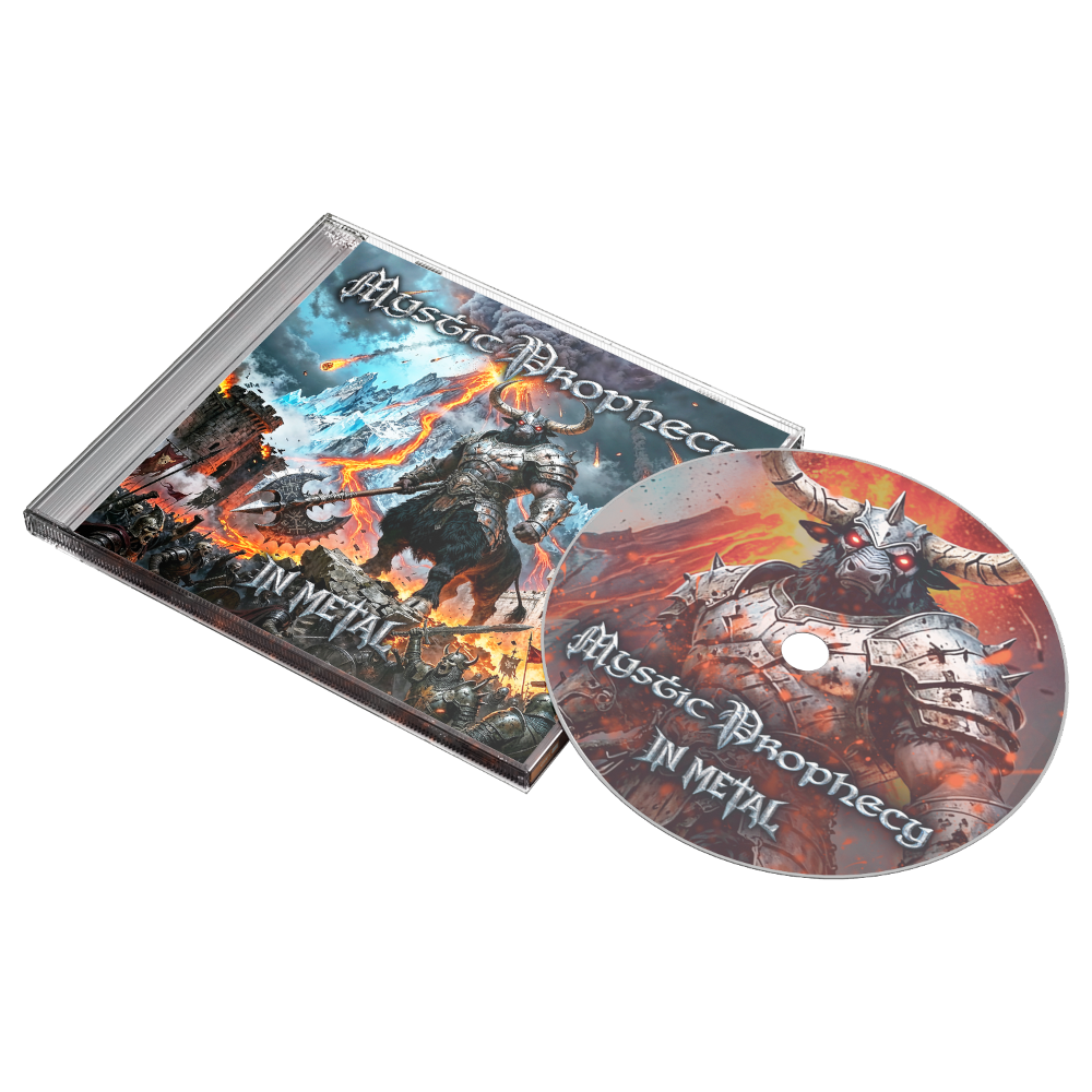 A CD case and a matching CD disc for the band 'Mystic Prophecy' and album 'In Metal', featuring dramatic fantasy artwork of a armored warrior in a fiery scene, shown on a plain white background.