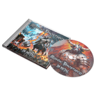 A CD case and a matching CD disc for the band 'Mystic Prophecy' and album 'In Metal', featuring dramatic fantasy artwork of a armored warrior in a fiery scene, shown on a plain white background.