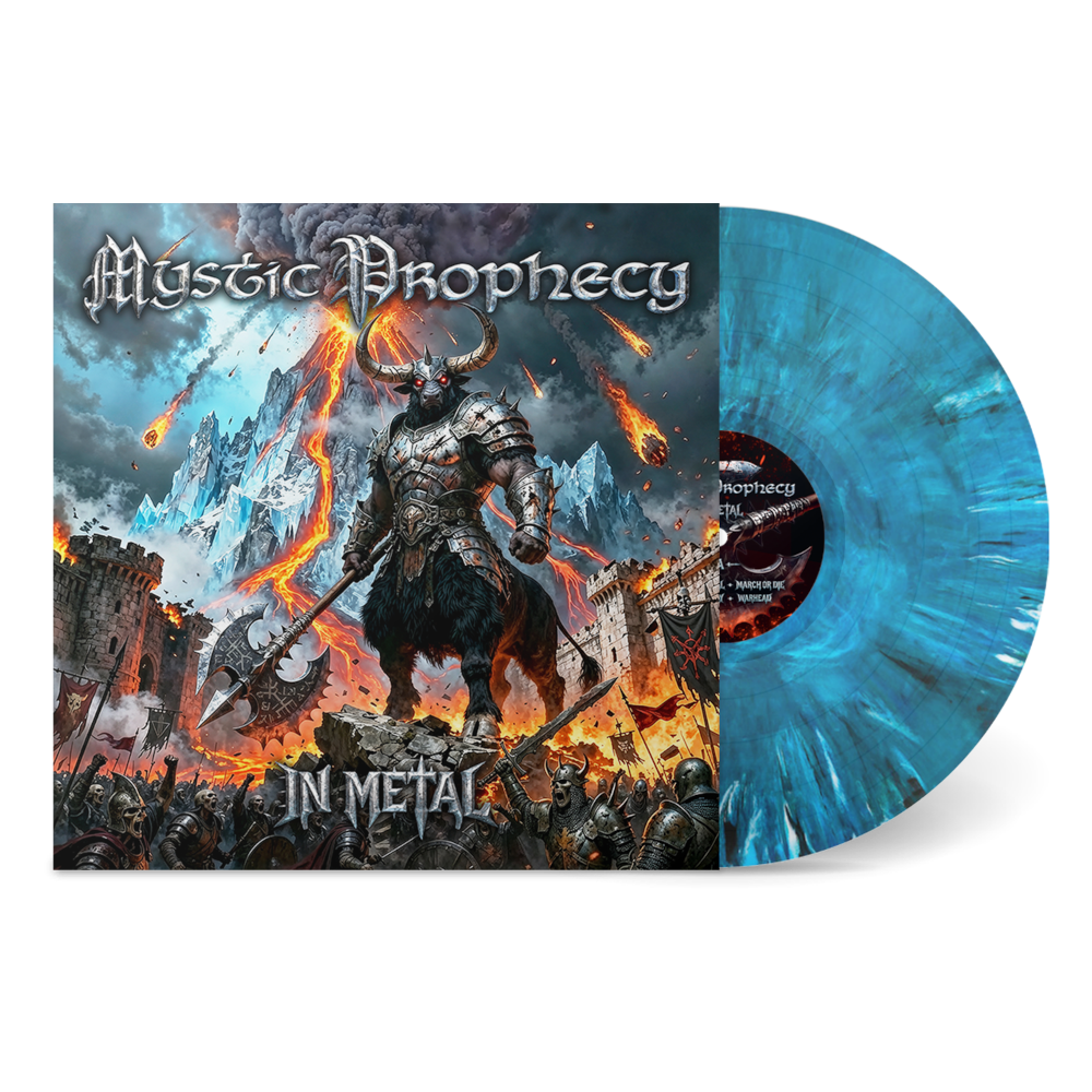 Mystic Prophecy - In Metal vinyl record album with the illustrated cover on the left and a translucent blue vinyl record partially visible on the right, shown on a plain white background.