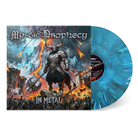 Mystic Prophecy - In Metal vinyl record album with the illustrated cover on the left and a translucent blue vinyl record partially visible on the right, shown on a plain white background.