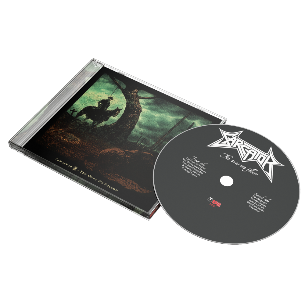 Sarcator CD mockup with a horseman in a forest at night in the drawing