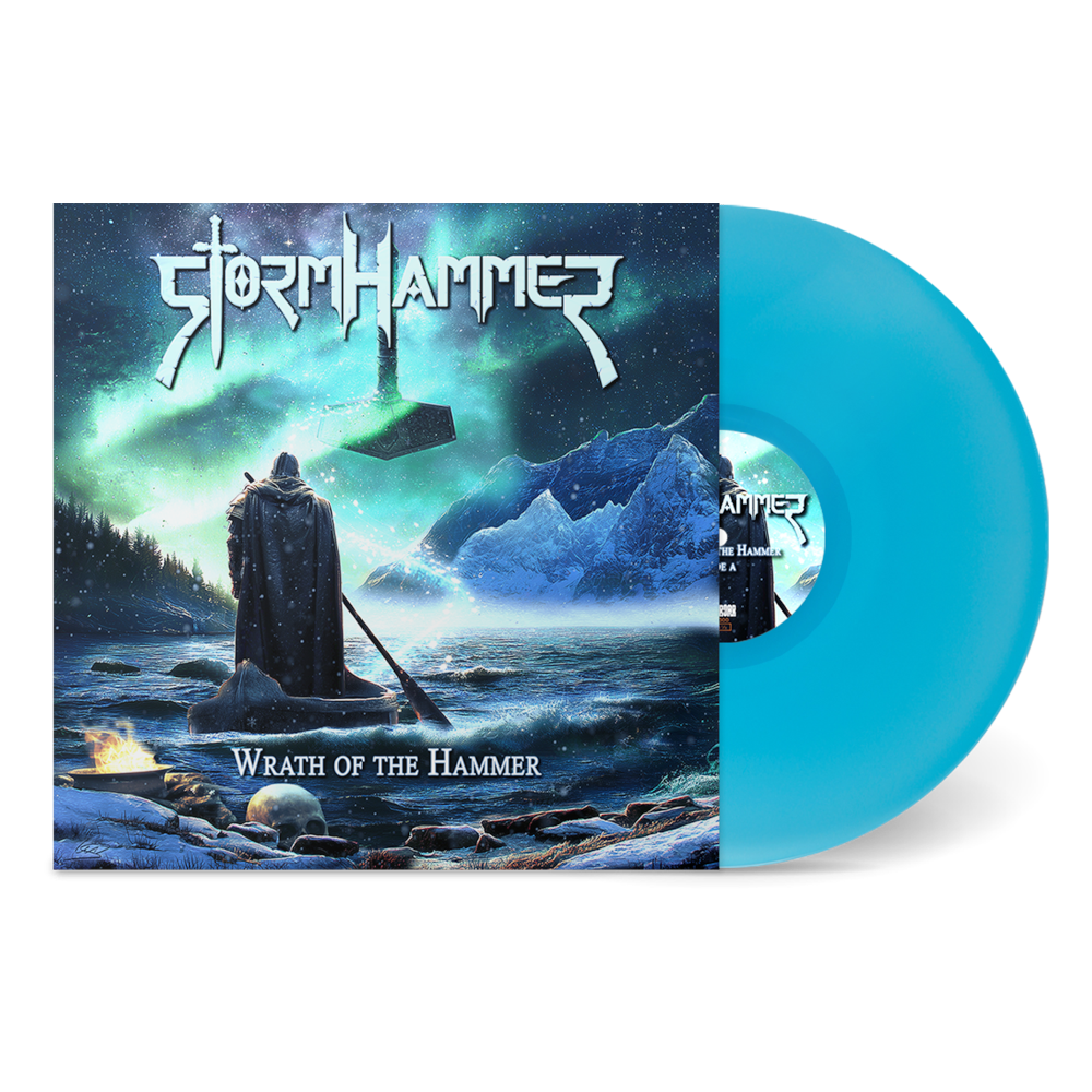 Vinyl record with 'Stormhammer' album cover featuring a warrior and landscape.