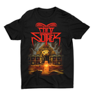 Black t-shirt with a graphic design featuring a pyramid and text on a white background