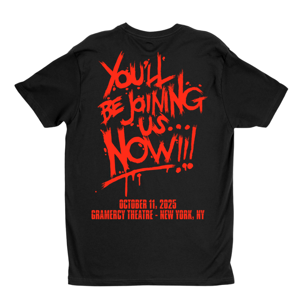 Black t-shirt with red text on a white background