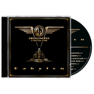CD with black and gold design featuring a logo and text on a white background