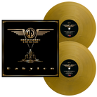 Gold vinyl records with a black cover featuring a logo on a white background