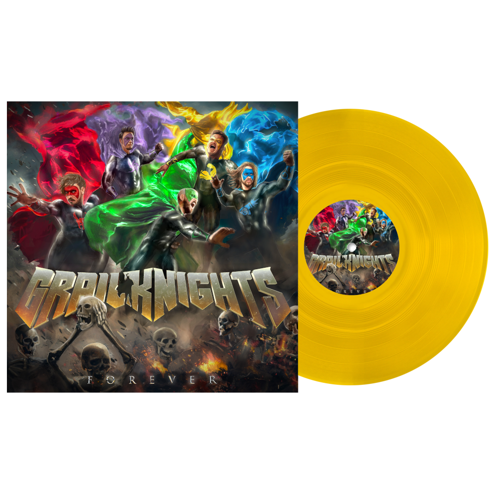 Vinyl record with colorful cover featuring characters and 'Gralknights Forever' text.