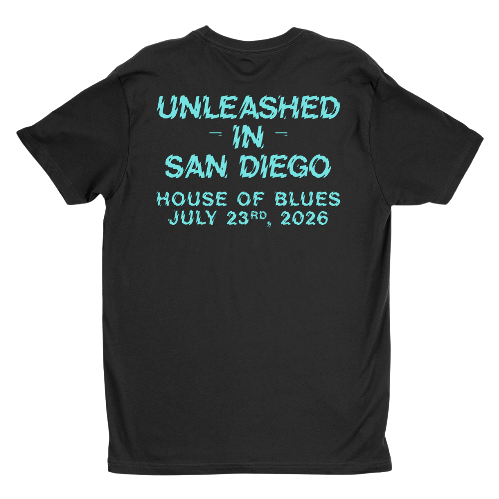 Black t-shirt with blue text on a white background
