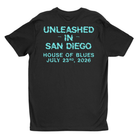 Black t-shirt with blue text on a white background