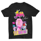 A black short-sleeve graphic t-shirt featuring a colorful retro-style print of 'JEM and The Holograms' with a pink-haired character and the text 'IT'S SHOWTIME!' on a white background.