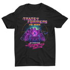A black short-sleeve graphic t-shirt featuring the 'Transformers: The Movie - The Soundtrack The Reformed Edition' print in vibrant neon pink, purple, and orange on the front.