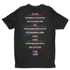 A black short-sleeve t-shirt with a back graphic listing various movie and TV show titles in white text, highlighted by pink and green accents over a grid pattern, with a Transformers logo at the bottom.