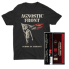 Black t-shirt with 'Agnostic Front' graphic and a cassette tape on a white background