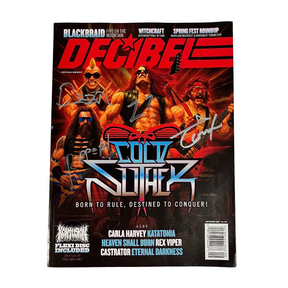 Magazine cover featuring a band with a guitar, branded 'Decibel' on a white background