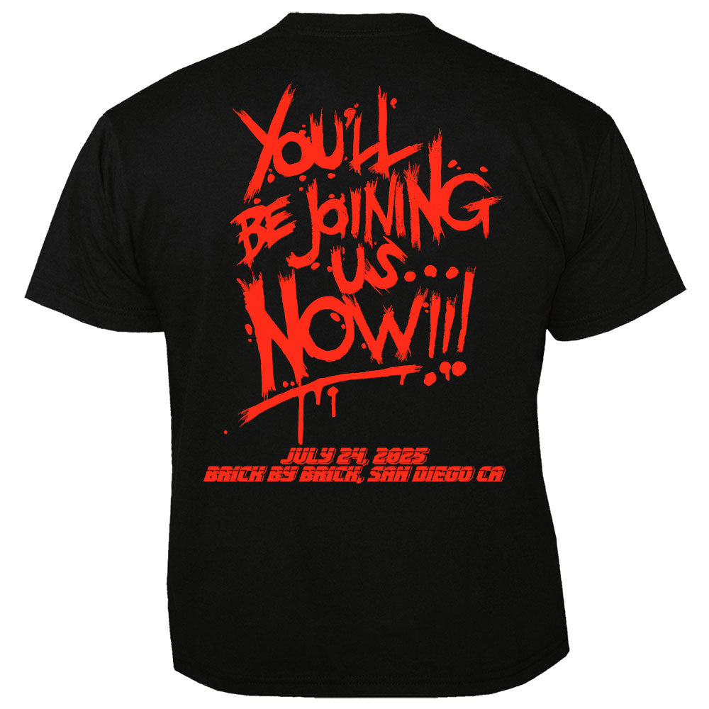 Black t-shirt with red text on a white background