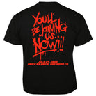 Black t-shirt with red text on a white background
