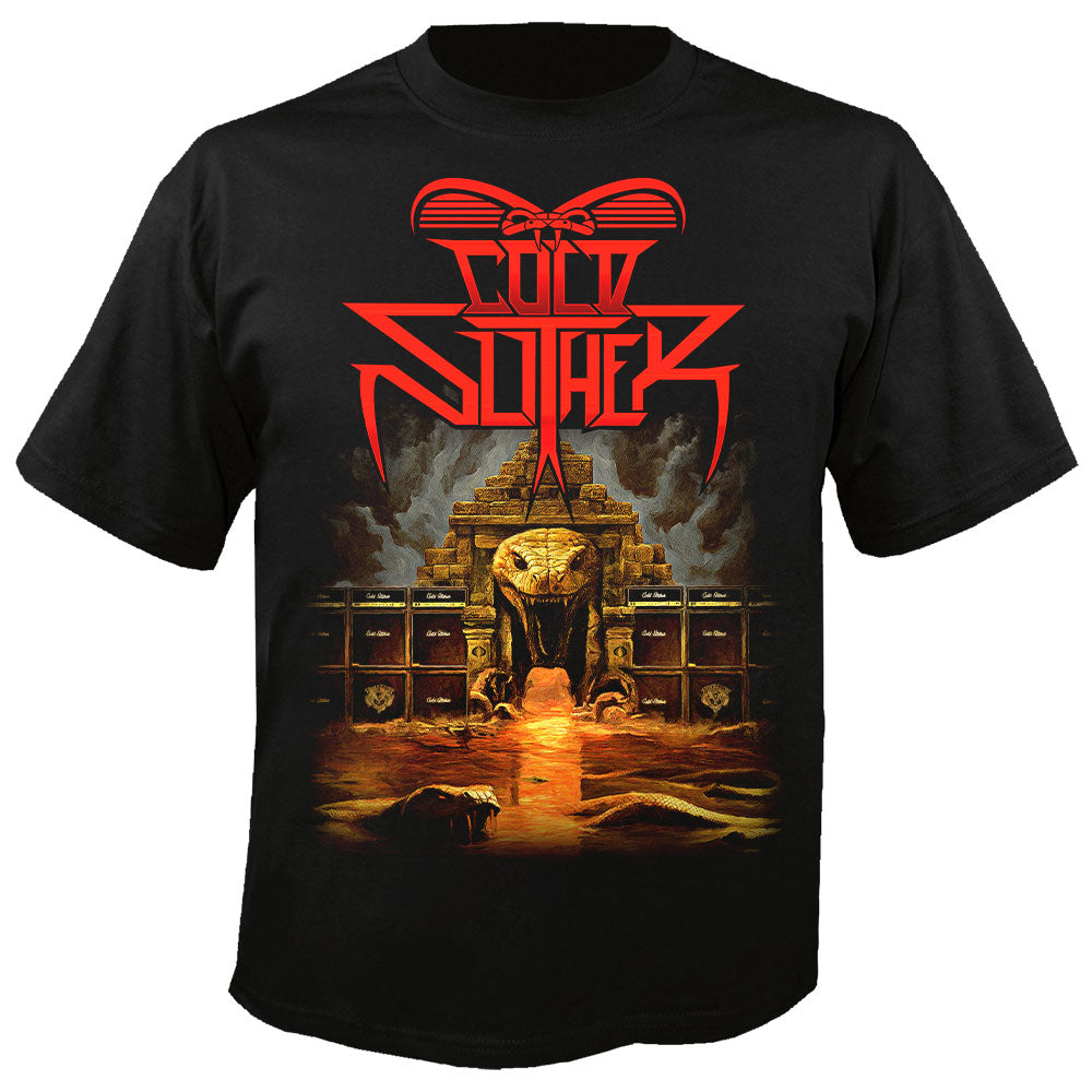 Black t-shirt with a graphic design featuring a pyramid and text on a white background