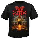 Black t-shirt with a graphic design featuring a pyramid and text on a white background