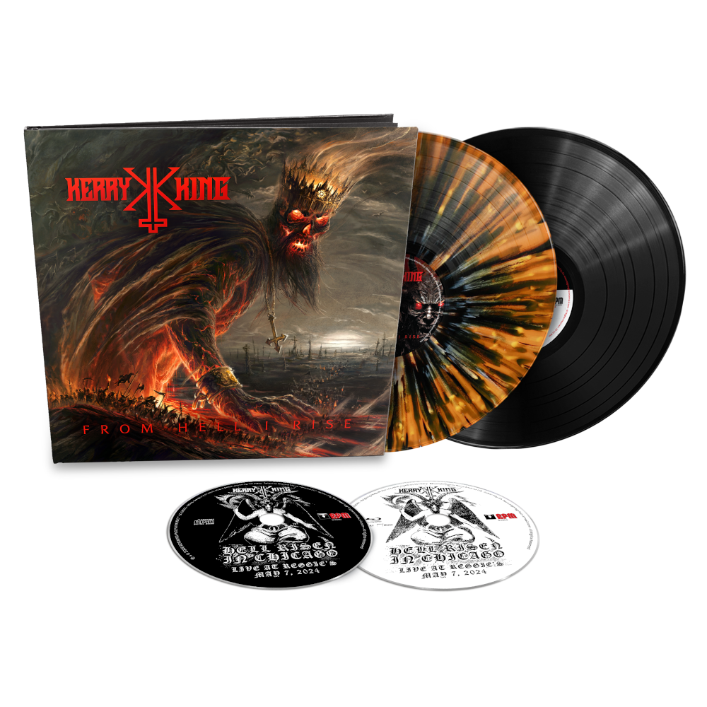 Vinyl record set with cover featuring a fiery dragon and album art on a white background