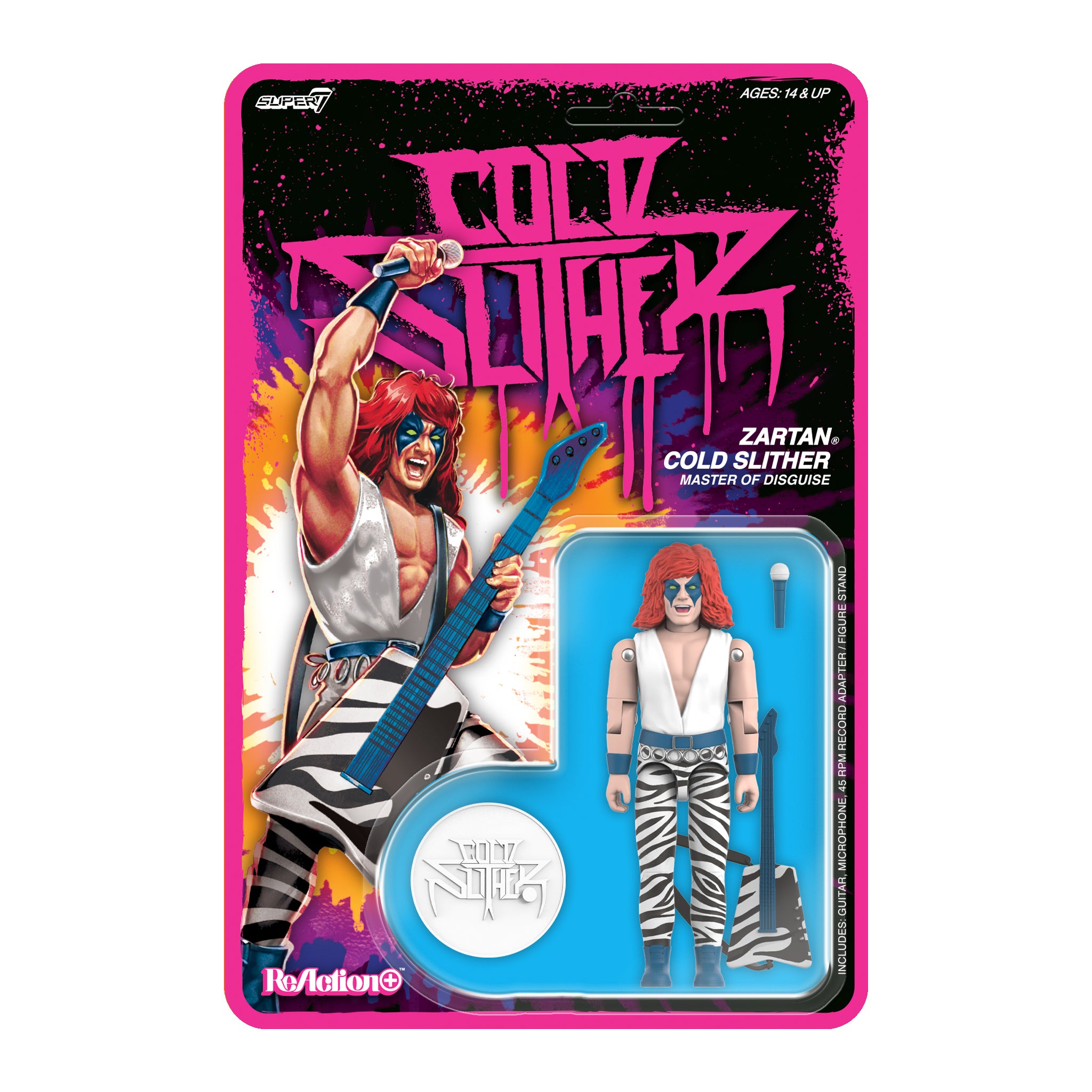 Action figure packaging with 'Cold Slither' character on a colorful background