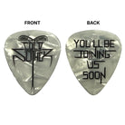 Guitar pick with logo on one side and text on the other, on a white background.